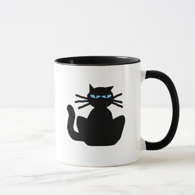 Sassy Black Cat with Blue Eyes Cartoon Mug (Right)