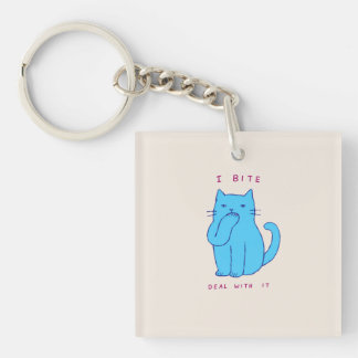 Sassy Blue Cat I Bite Deal With It For Office Keychain