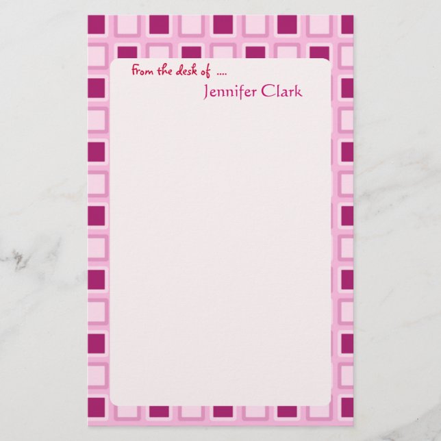 Sassy Candy Pink Squares Custom Personalized Stationery (Front)
