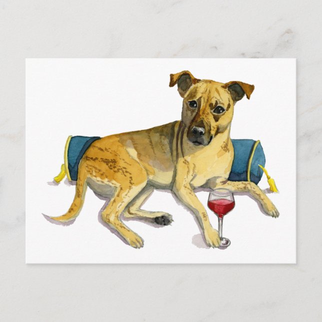 Sassy Dog Enjoying Wine Watercolor Painting Postcard (Front)