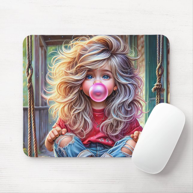 Sassy Girl Blowing Pink Bubblegum Bubbles Mouse Pad (With Mouse)