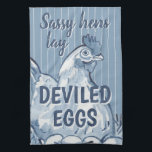 Sassy Hens Lay Deviled Eggs Funny Blue Chicken Art Kitchen Towel<br><div class="desc">For anyone who loves their backyard chicken flock! In dusty blue and cream, my watercolor artwork of a hen and her eggs decorates this kitchen towel with the lighthearted words, " Sassy hens lay deviled eggs". A light stripe pattern fills the background. A great decorative towel for any farmhouse, cottage...</div>