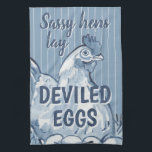 Sassy Hens Lay Deviled Eggs Funny Blue Chicken Art Kitchen Towel<br><div class="desc">For anyone who loves their backyard chicken flock! In dusty blue and cream, my watercolor artwork of a hen and her eggs decorates this kitchen towel with the lighthearted words, " Sassy hens lay deviled eggs". A light stripe pattern fills the background. A great decorative towel for any farmhouse, cottage...</div>
