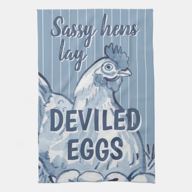 Sassy Hens Lay Deviled Eggs Funny Blue Chicken Art Kitchen Towel (Vertical)
