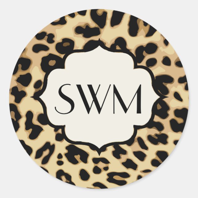 Sassy Leopard Print Monogrammed Classic Round Sticker (Front)