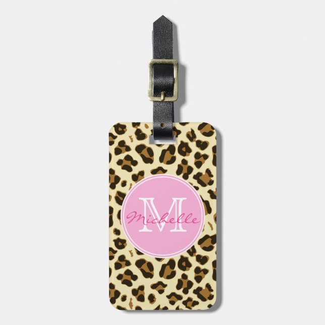 Sassy Leopard Print with Pink Monogram Luggage Tag (Front Vertical)