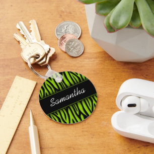 Sassy Lime Green Zebra Personalized Keychain