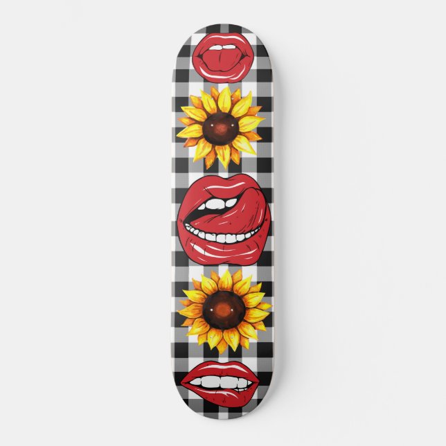 Sassy Lips Open Mouth Tongue Sunflower Chequered Skateboard (Front)