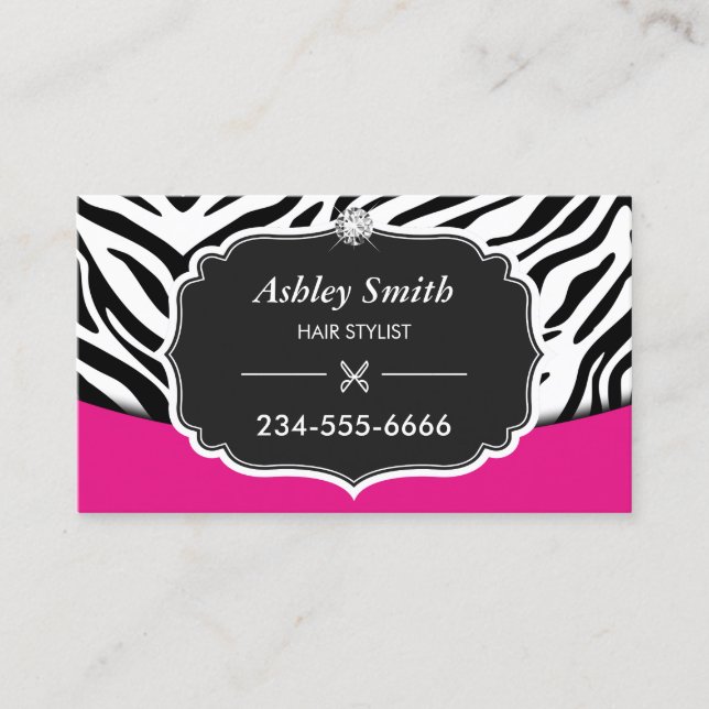Sassy Pink Zebra Print Hair Stylist Appointment Card (Front)