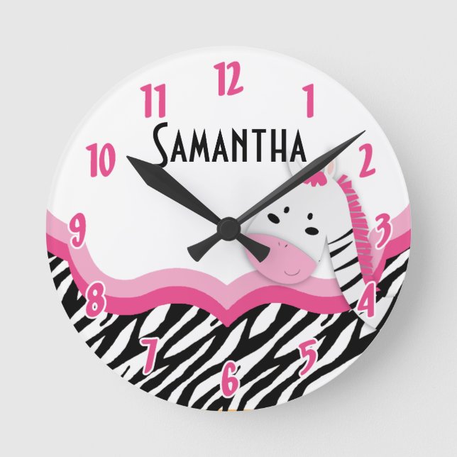 Sassy Pink Zebra Stripe Pattern Personalized Clock (Front)