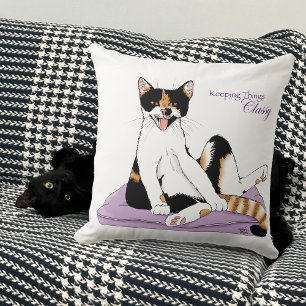 Sassy Purple Whimsical Calico Cat Classy Throw Pillow