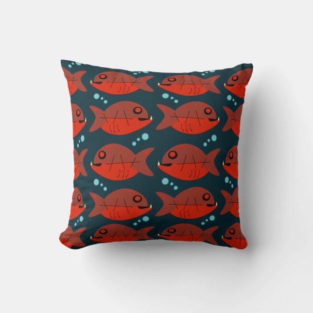 Sassy Red Fish Pattern Fun Retro Happy Design Throw Pillow (Front)