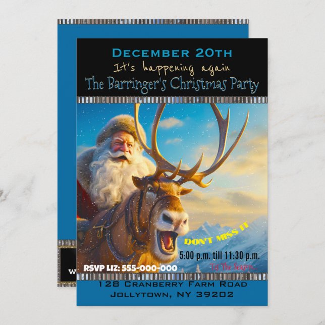 Sassy Santa & Reindeer Annual Christmas Party Invitation (Front/Back)