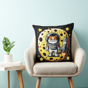 Sassy Space Cat: Cheese Moon Quest Throw Pillow