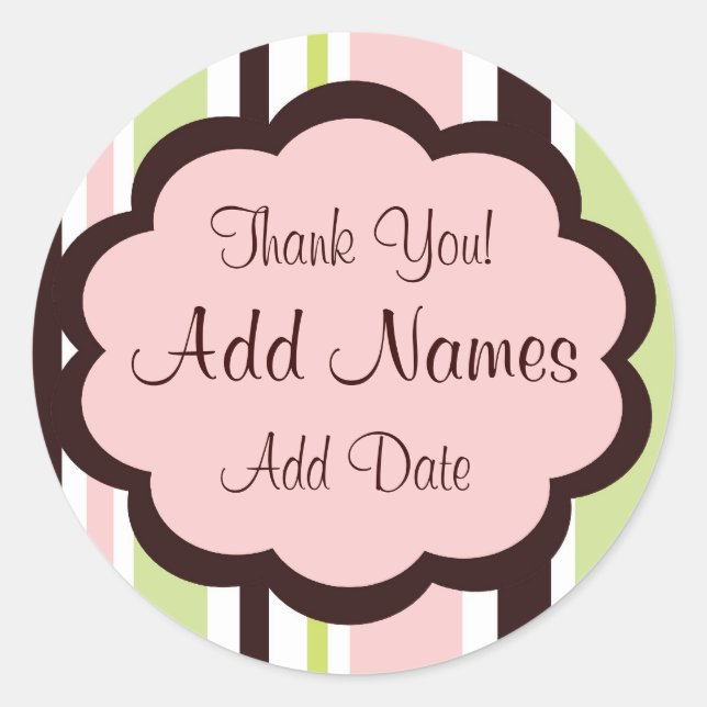 Sassy Stripe Pink and Brown Wedding Favour Sticker (Front)