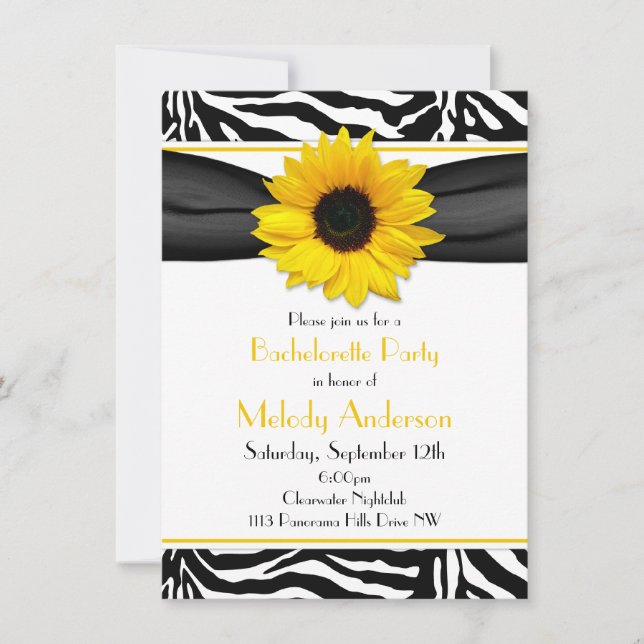 Sassy Sunflower Zebra Print Bachelorette Party Invitation (Front)