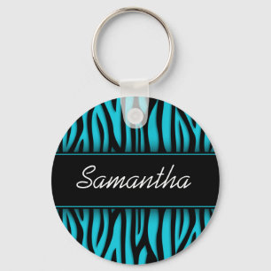 Sassy Teal Blue Zebra Personalized Keychain