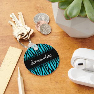 Sassy Teal Blue Zebra Personalized Keychain