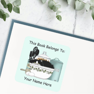 Sassy Tuxedo Cat Vintage Bowl Aqua Retro Bookplate Square Sticker
