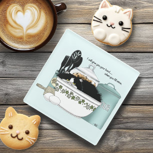 Sassy Tuxedo Cat Vintage Bowl Aqua Retro Kitchen Glass Coaster