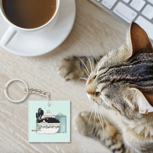 Sassy Tuxedo Cat Vintage Bowl Aqua Retro Kitchen Keychain
