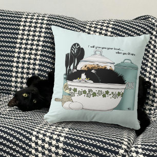 Sassy Tuxedo Cat Vintage Bowl Aqua Retro Kitchen Throw Pillow