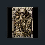 Satan Enthroned 2 Inch Square Button<br><div class="desc">This icon-like illustration shows Satan seated upon his worldly throne surrounded by his minions and the symbols of his power and dominion over the Earth.</div>