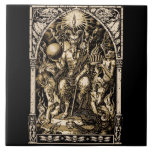 Satan Enthroned Tile<br><div class="desc">This icon-like illustration shows Satan seated upon his worldly throne surrounded by his minions and the symbols of his power and dominion over the Earth.</div>