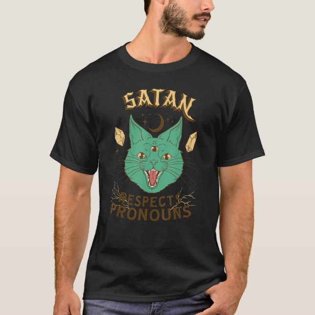 Satan Respects Pronouns Cat T-Shirt (Front)