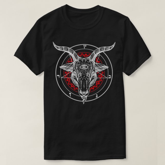 Satanic Goat Head Baphomet Lucifer Occult Pentagra T-Shirt (Design Front)