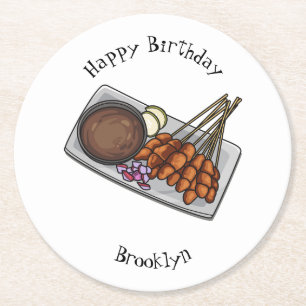 Satay cartoon illustration round paper coaster