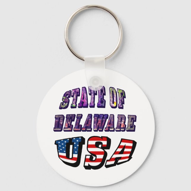 Sate of Delaware Picture and USA Flag Text Keychain (Front)