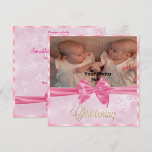 Satin Bow Photo twin Girl's  Christening Invitation