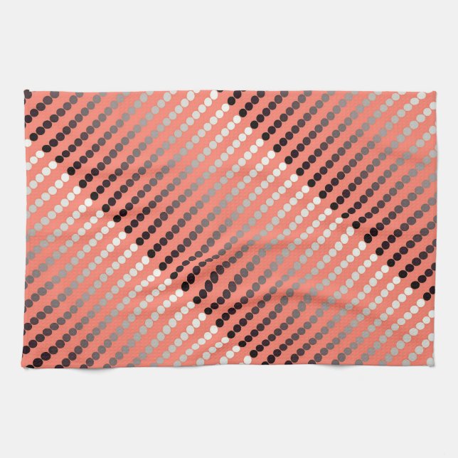 Satin dots - coral and pewter kitchen towel (Horizontal)
