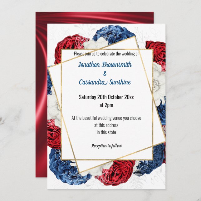 SATIN MODERN RED BLUE GREY FLORAL WEDDING WHITE INVITATION (Front/Back)
