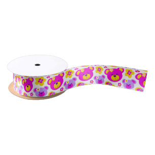 Satin Noun ours en peluche et fleur rose jaune ruban bla