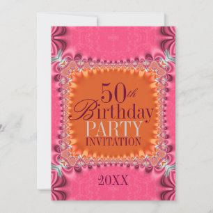 Satin Orange Pink Damask 50th Birthday Invite