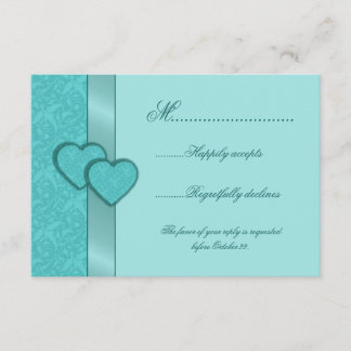 Satin Ribbon and Turquoise Damask Hearts RSVP Card