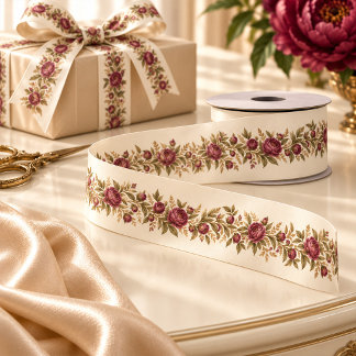 Satin Ruban floral en ivoire et pivoine de Bourgogne