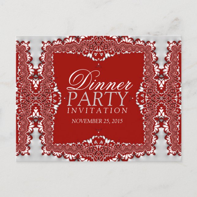 Satin Silver Red Lace Dinner Party Invite Postcard (Front)