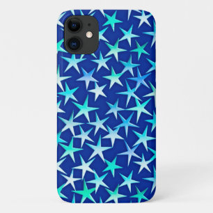 Satin stars, pale blue on cobalt iPhone 11 case