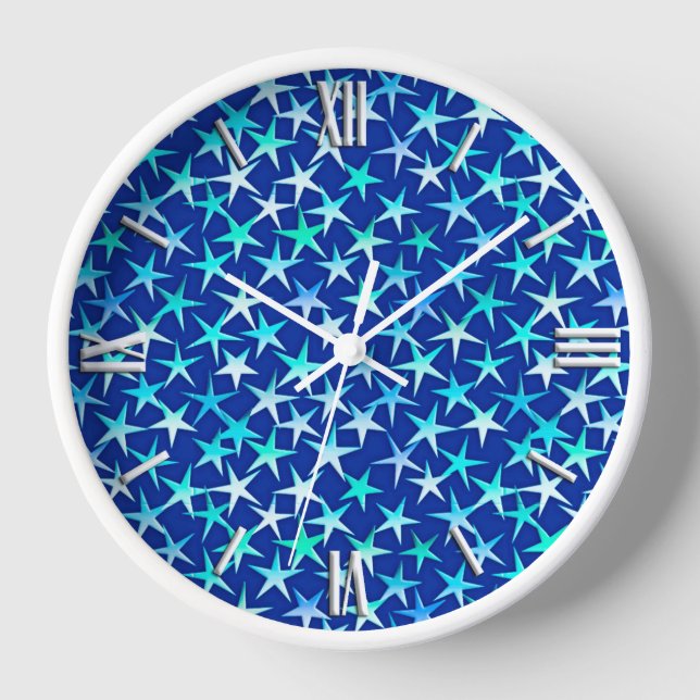 Satin stars, pale blue on cobalt wall clock (Front)