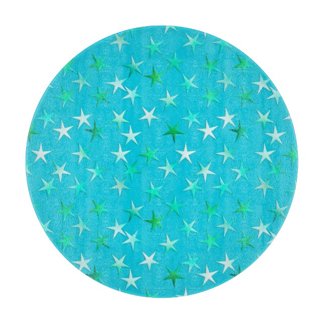 Satin stars, pale green and blue on turquoise cutting board (Front)