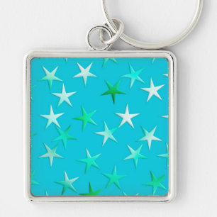 Satin stars, pale green and blue on turquoise keychain