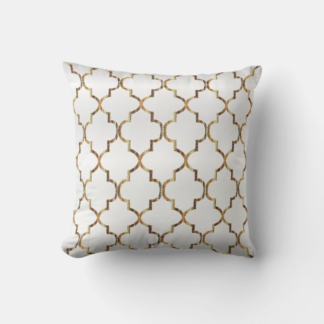 Satin White & Gold Quatrefoil Pattern Throw Pillow (Front)