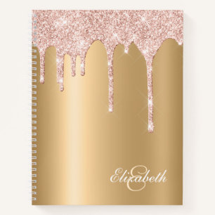 Satiny Gold - Pink Glitter Drips Monogrammed Notebook