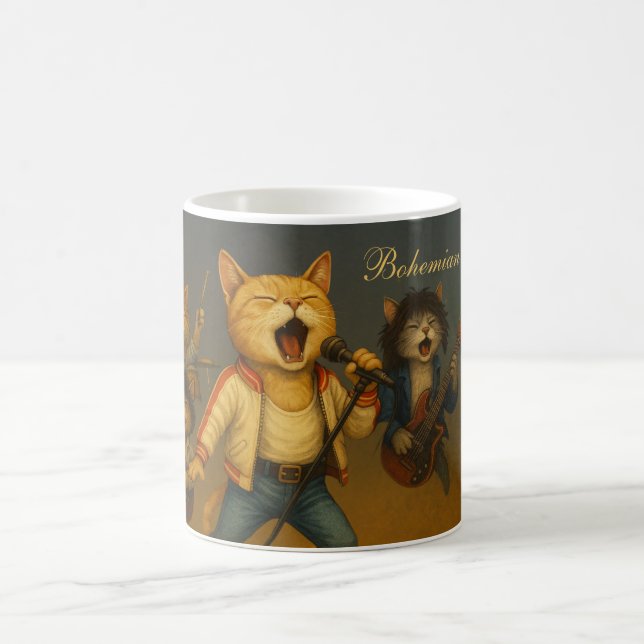 Satirical Bohemian Catsody Rocking Cats Coffee Mug (Center)