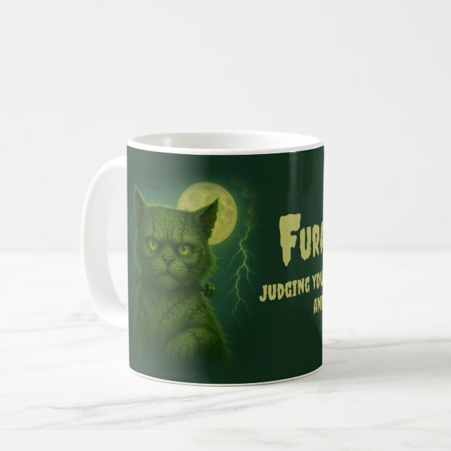 Satirical Furankenstein – Spooky Goth Stiched Cat Coffee Mug (Front Left)