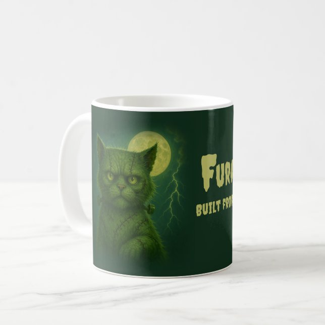Satirical Furankenstein – Spooky Goth Stitched Cat Coffee Mug (Front Left)