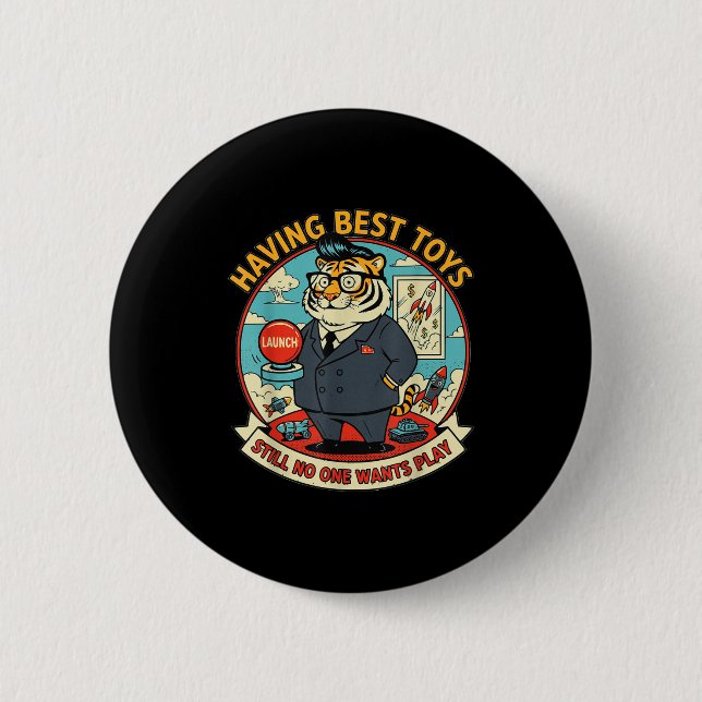 Satirical tiger with toys funny graphic retro 2 inch round button (Front)